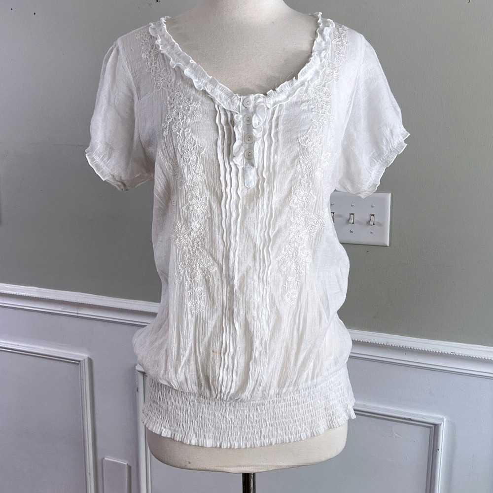 Simply Irresistible Blouse Women Warm White Embroidered Smocked Peasant Boho Top